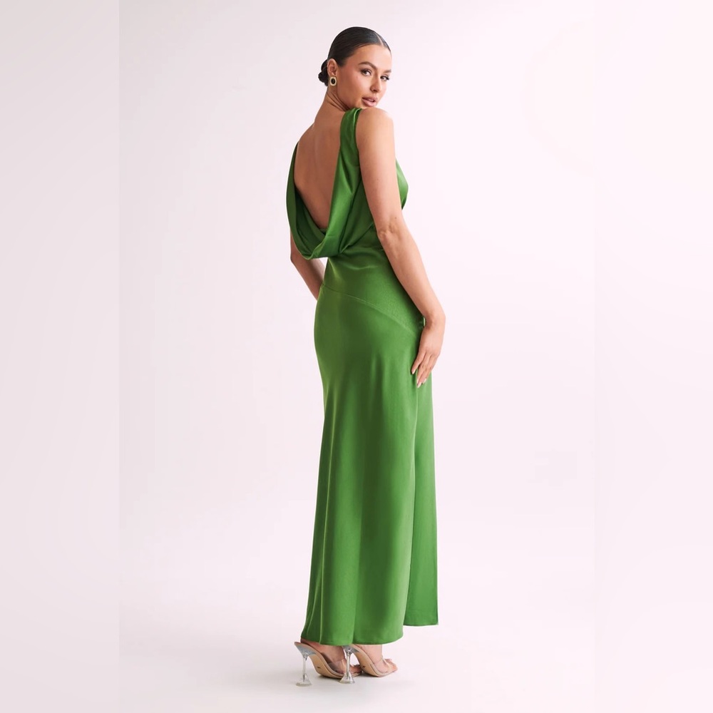 Emerald satin dress with cowl back